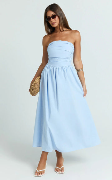 Polly Midi Dress - Strapless Ruched Dress in Blue