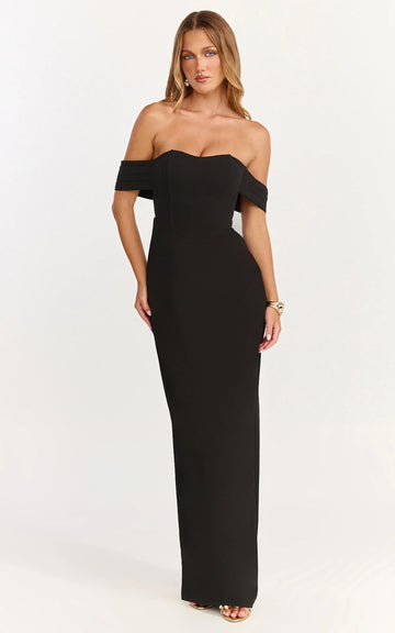 Karina Maxi Dress - Off Shoulder Corset Bodice Lace Up Back Dress in Black