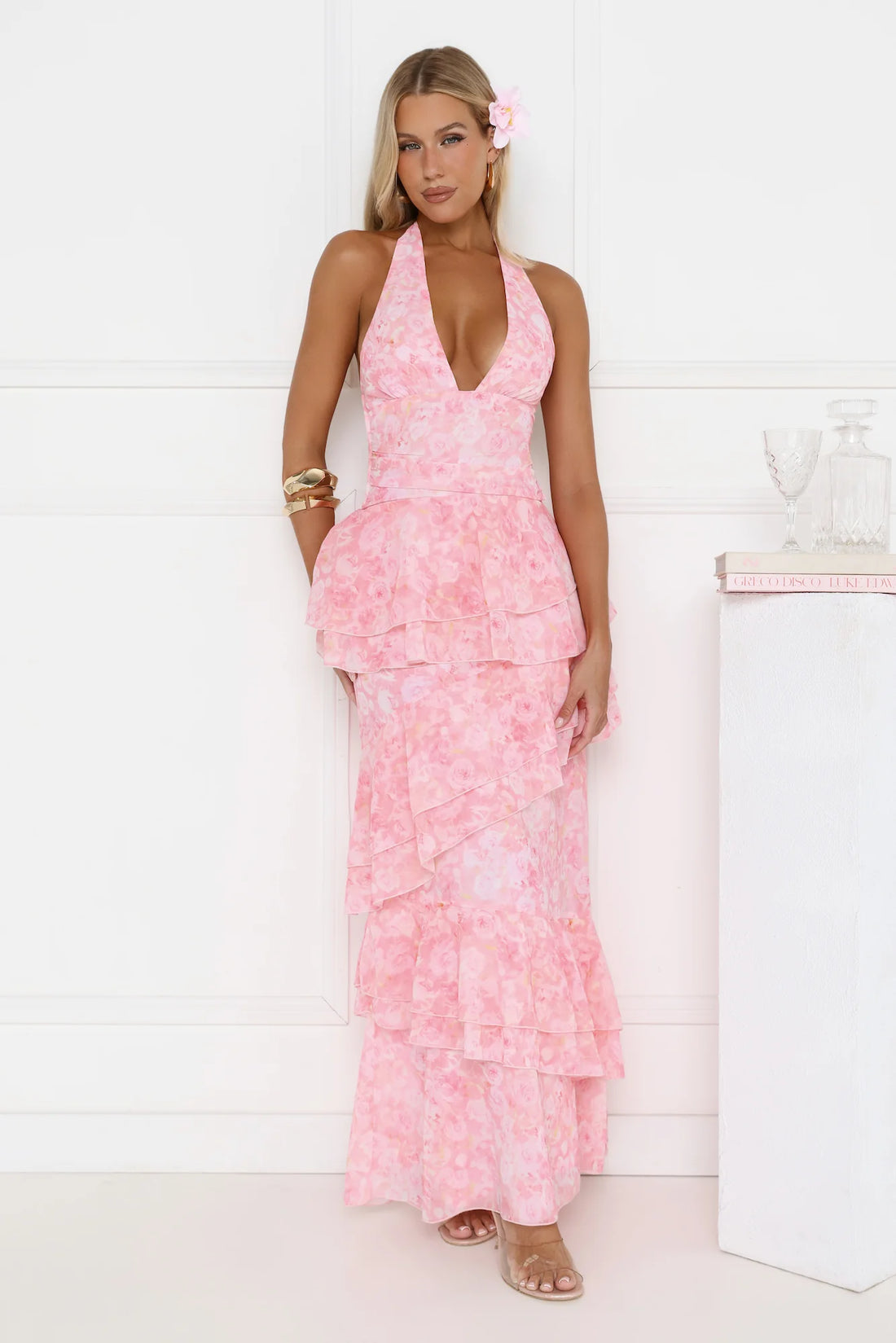 Tropical Bloom Halter Tiered Maxi Dress Pink